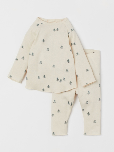 H&M Baby Girls Off-White Printed 2-Piece Cotton Night Suit