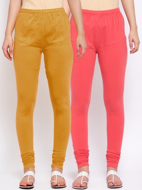 

KLOTTHE Women Pack Of 2 Solid Cotton Churidar-Length Leggings, Mustard