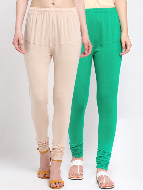 

KLOTTHE Women Pack Of 2 Solid Churidar-Length Cotton Leggings, Sea green