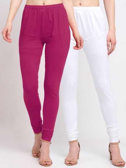 

KLOTTHE Women Pack of 2 Magenta & White Solid Cotton Churidar-Length Leggings