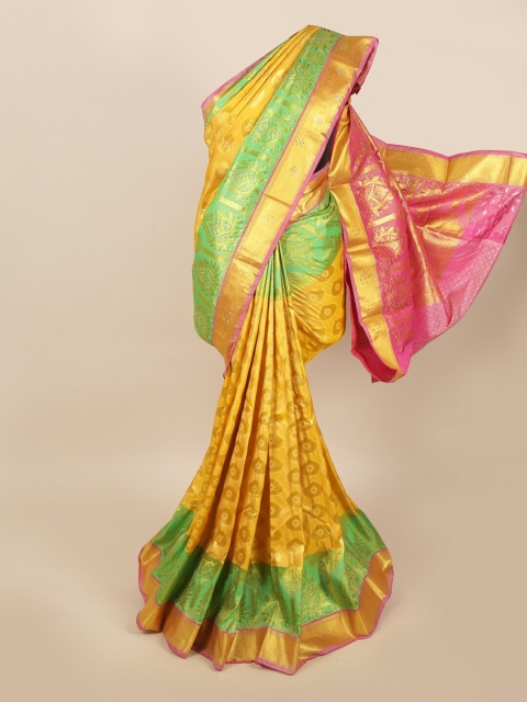 

Pothys Yellow & Pink Floral Zari Woven Design & Stone Work Detail Silk Blend Saree