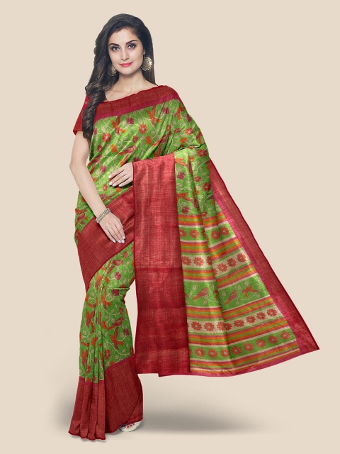 Kalamandir Green & Orange Ethnic Motifs Linen Blend Saree