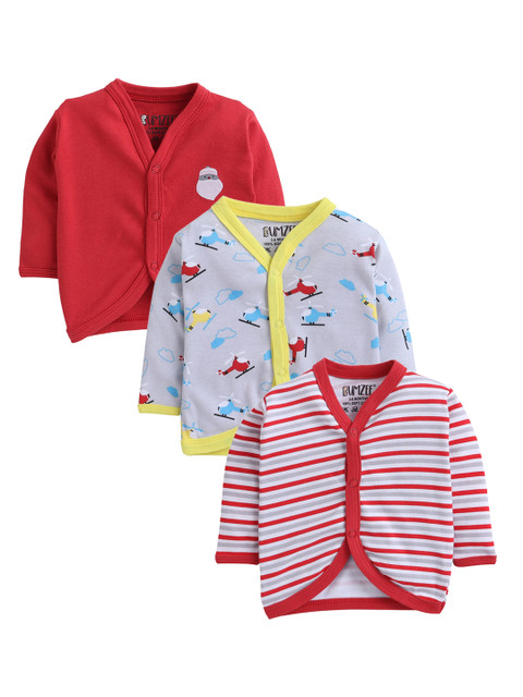 

BUMZEE Newborn Boys Pack Of 3 Front Open Pure Combed Cotton Jhablas, Red