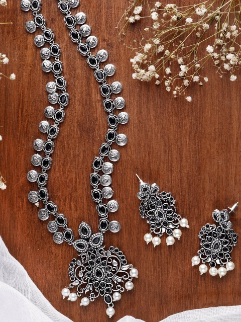 

TEEJH Oxidised Silver-Plated Artificial Stones-Studded Liyana Jewellery Set