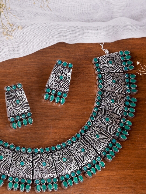 

TEEJH Oxidised Silver-Plated Green Stone-Studded Handcrafted Jewellery Set