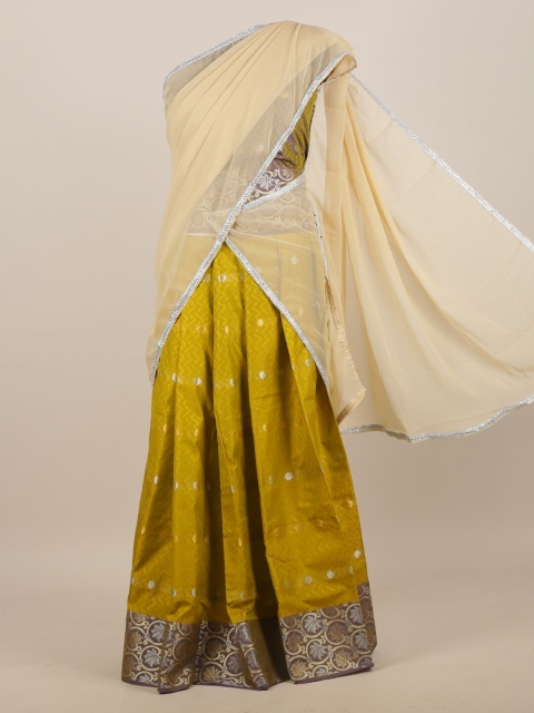 

Pothys Cream-Coloured & Green Ethnic Motifs Half and Half Saree
