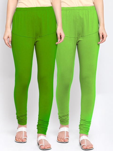 

KLOTTHE Women Pack of 2 Solid Cotton Churidar-Length Leggings, Green