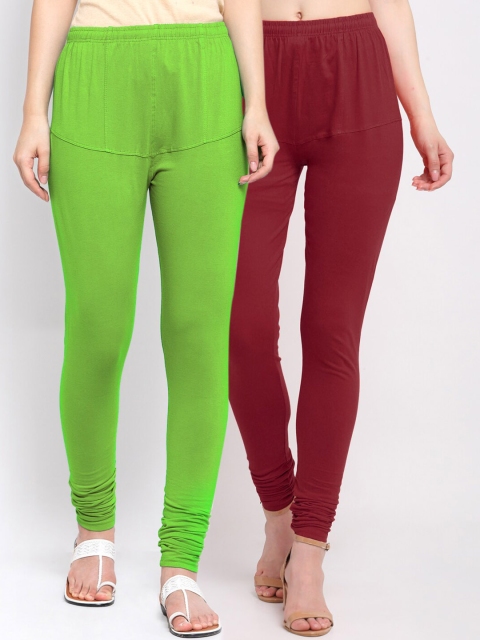 

KLOTTHE Women Pack Of 2 Maroon & Green Solid Churidar-Length Cotton Leggings