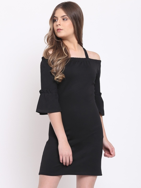 

RIVI Women Solid Black Strap Cold Shoulder Dress