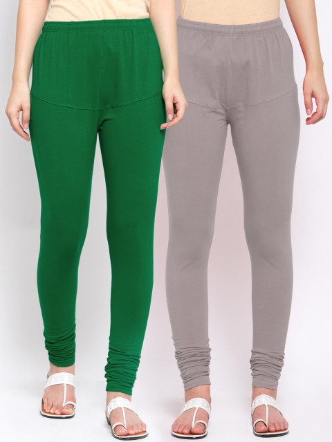 

KLOTTHE Women Pack of 2 Solid Cotton Churidar-Length Leggings, Green