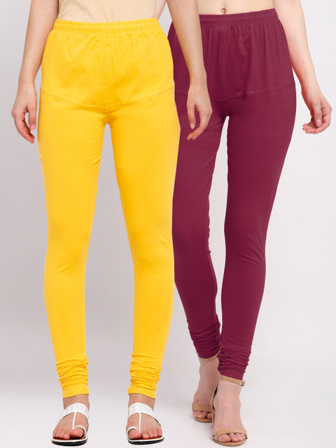 

KLOTTHE Women Pack Of 2 Maroon & Yellow Solid Cotton Churidar-Length Leggings