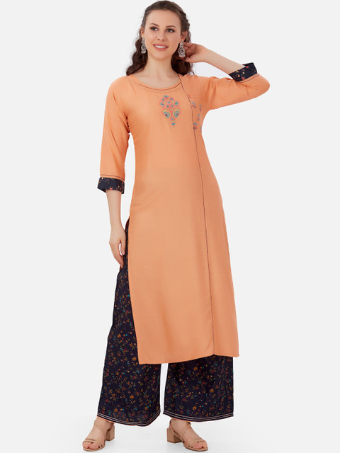 

Kiana Women Peach-Coloured Floral Embroidered Empire Kurta with Palazzos Set