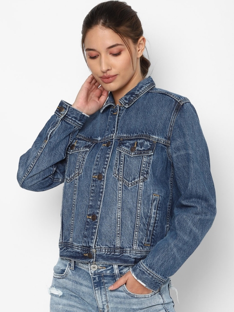 

AMERICAN EAGLE OUTFITTERS Women Blue Washed Denim Jacket with Patchwork