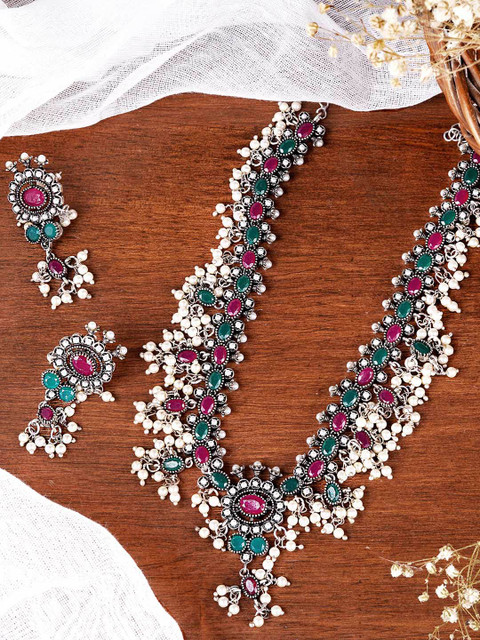 

TEEJH Oxidised Silver-Plated Green & White Stone-Studded & Beaded Handcrafted Jewellery Set