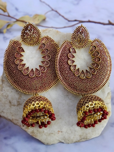 

Crunchy Fashion Women Gold-Toned & Maroon Classic Chandbalis Jhumaka Detail Earrings