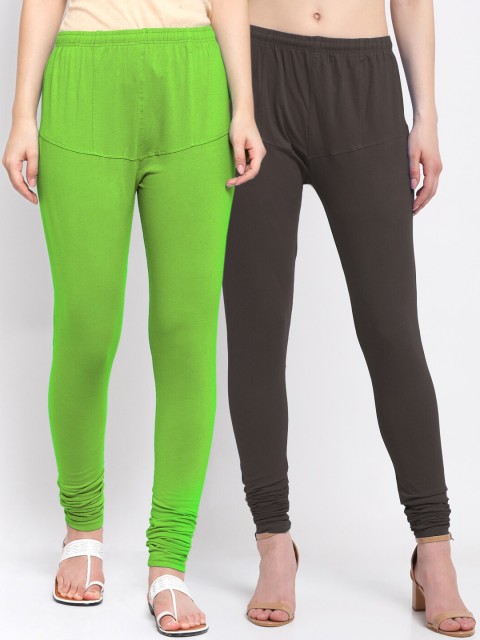 

KLOTTHE Women Pack of 2 Solid Cotton Churidar-Length Leggings, Brown