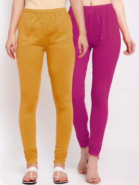 

KLOTTHE Women Pack Of 2 Solid Cotton Churidar-Length Leggings, Mustard