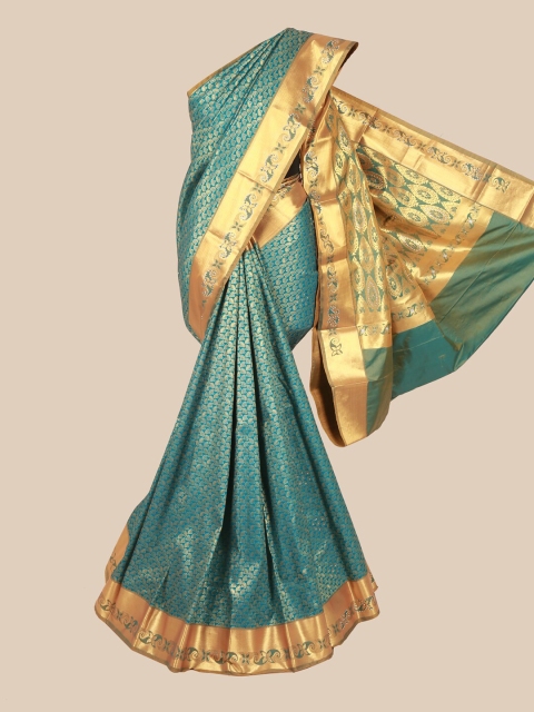 

Pothys Teal Blue & Gold Zari Woven Design & Stone Work Detail Silk Blend Saree
