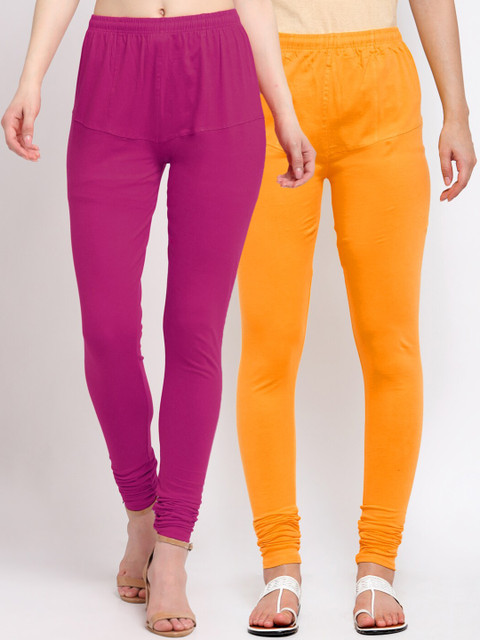 

KLOTTHE Women Pack Of 2 Solid Cotton Churidar-Length Leggings, Orange