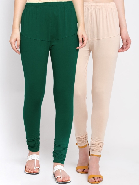 

KLOTTHE Women Pack Of 2 Solid Cotton Churidar-Length Leggings, Green