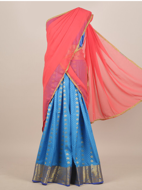 

Pothys Peach-Coloured & Blue Ethnic Motifs Zari Half Saree