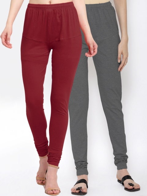 

KLOTTHE Women Pack Of 2 Solid Churidar-Length Cotton Leggings, Maroon