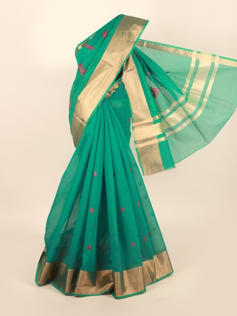 

Pothys Sea Green & Pink Floral Embroidered Silk Cotton Saree