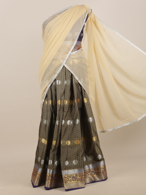 

Pothys Cream-Coloured & Olive Green Zari Half and Half Saree