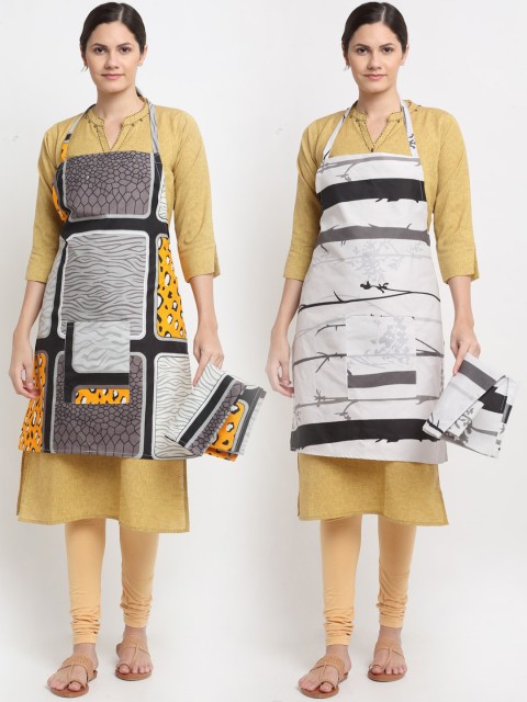 

NEUDIS Unisex Set Of 2 Grey & Beige Printed 210 TC Apron With Napkin