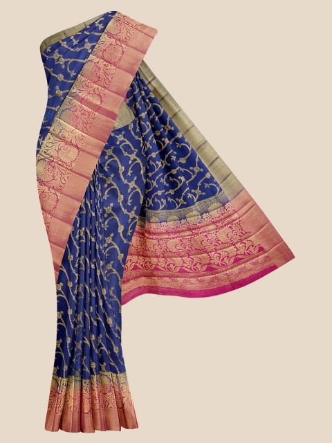 

Kalamandir Navy Blue & Golden Ethnic Motifs Zari Silk Blend Banarasi Saree