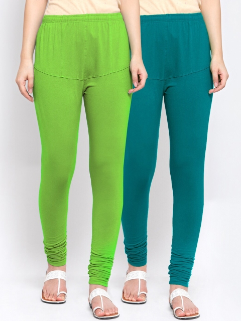 

KLOTTHE Women Pack Of 2 Solid Cotton Churidar-Length Leggings, Green