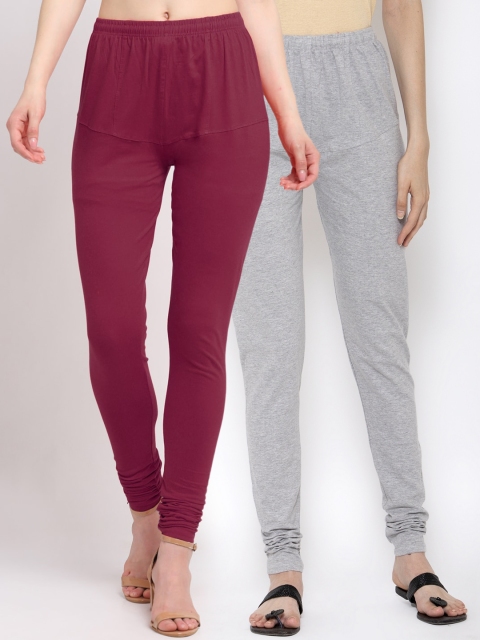 

KLOTTHE Women Pack Of 2 Solid Cotton Churidar-Length Leggings, Maroon