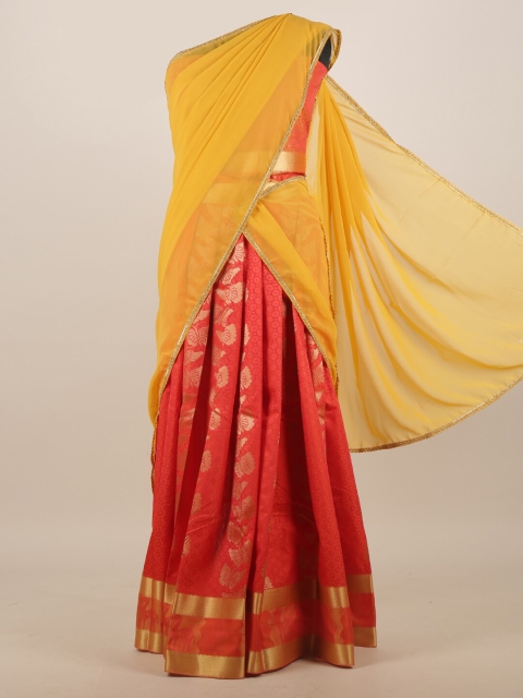 

Pothys Yellow & Orange Ethnic Motifs Half and Half Saree