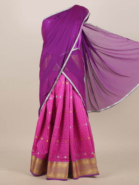 

Pothys Purple & Pink Checked Zari Half and Half Saree
