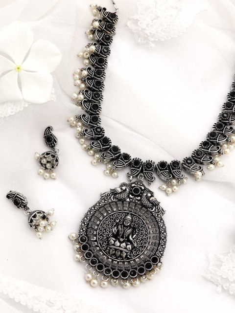 

TEEJH Oxidised Silver-Plated Black Artificial Stone-Studded Ikshan Jewellery Set