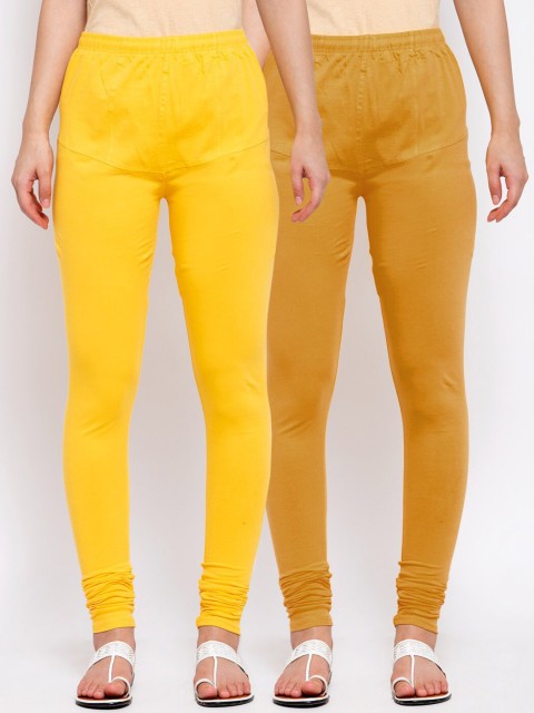 

KLOTTHE Women Pack of 2 Solid Cotton Churidar-Length Leggings, Mustard