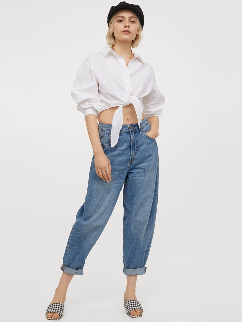 

H&M Women White Solid Tie-Hem Cotton Shirt