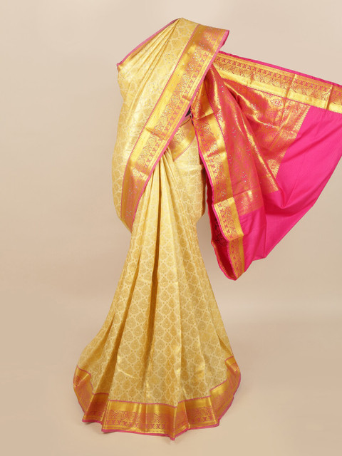 

Pothys Cream-Coloured & Golden Ethnic Motifs Zari & Stone Work Saree