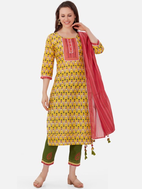 

Kiana Women Yellow Printed Pure Cotton Kurti with Trousers & With Dupatta