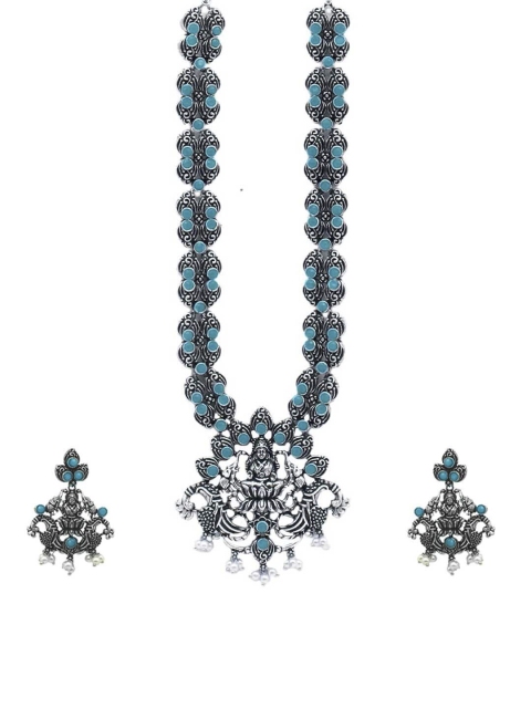 

TEEJH Oxidised Silver-Plated & Blue Stone-Studded & Beaded Handcrafted Jewellery Set