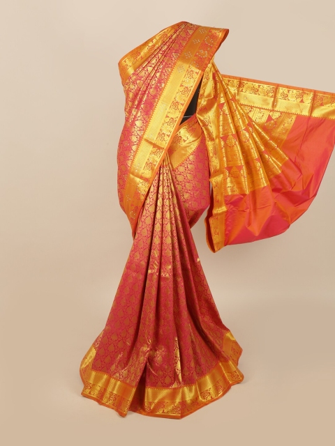 

Pothys Pink & Gold Ethnic Motifs Woven Design & Stone Work Detail Silk Blend Saree