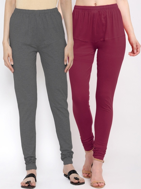 

KLOTTHE Women Pack Of 2 Solid Churidar-Length Cotton Leggings, Grey