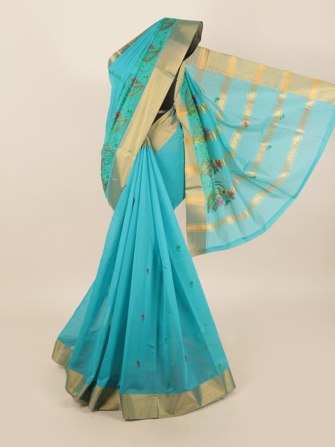 

Pothys Turquoise Blue & Gold-Toned Ethnic Motifs Embroidered Silk Cotton Saree