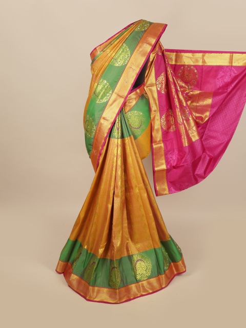 

Pothys Mustard Yellow & Gold Ethnic Motifs Woven Design & Stone Work Silk Blend Saree
