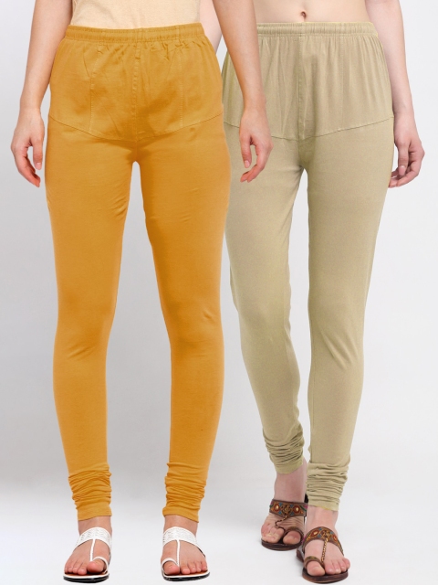 

KLOTTHE Women Pack Of 2 Solid Cotton Churidar-Length Leggings, Mustard