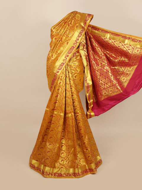 

Pothys Orange & Gold Ethnic Motifs Woven Design & Stone Work Detail Silk Blend Saree