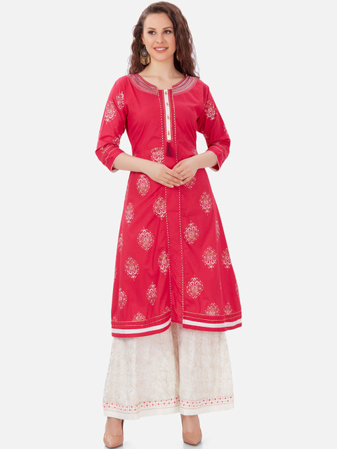

Kiana Women Pink & White Ethnic Motifs Printed Pure Cotton Kurta with Sharara