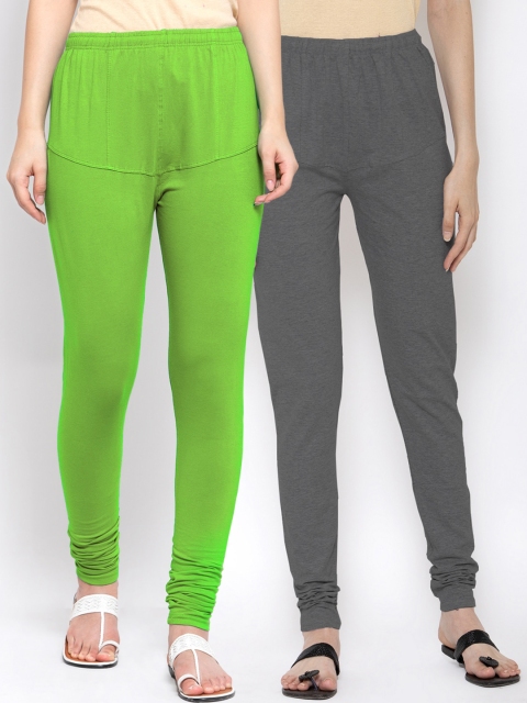 

KLOTTHE Women Pack Of 2 Solid Cotton Churidar-Length Leggings, Green