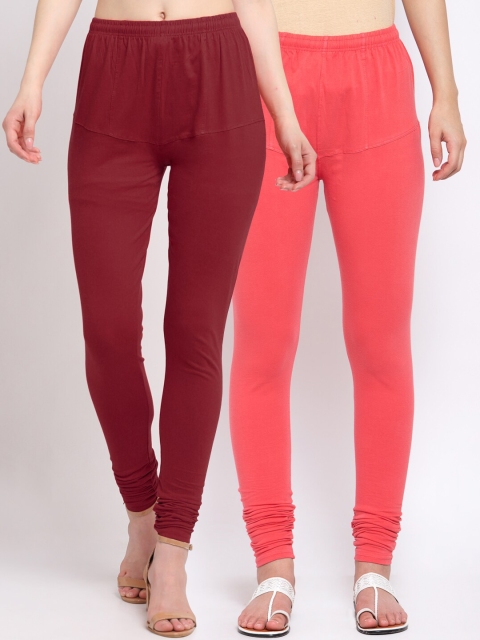

KLOTTHE Women Pack Of 2 Maroon & Coral Pink Solid Churidar-Length Cotton Leggings
