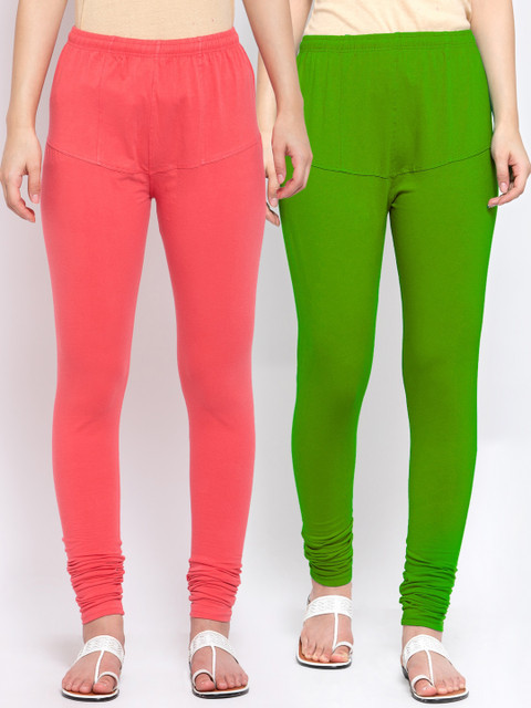 

KLOTTHE Women Pack Of 2 Solid Cotton Churidar-Length Leggings, Green